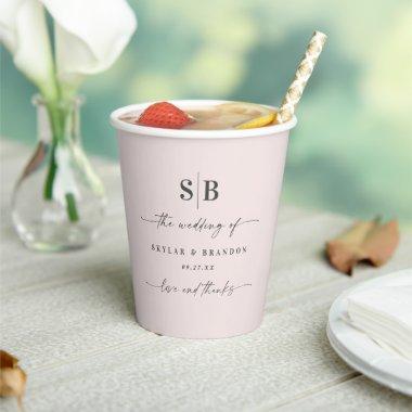 Simple Solid Color Powder Pink Monogrammed Wedding Paper Cups