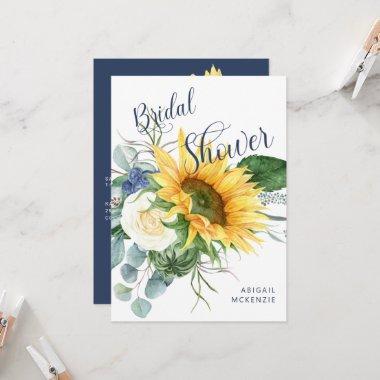 Simple Sunflower Bouquet Navy Bridal Shower Invitations