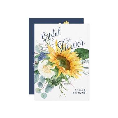 Simple Sunflower Bouquet Navy Bridal Shower Invitations