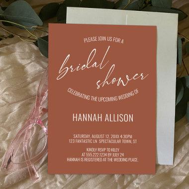 Simple, Terracotta Handwriting Bridal Shower Invitations