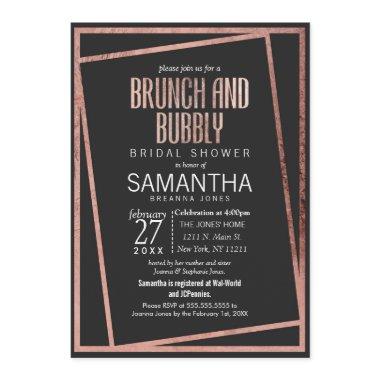 Simple Tilted Rose Gold Border Black Brunch Bubbly Invitations