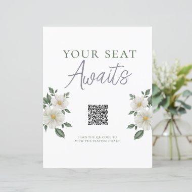 Simple White Floral QR Code Seating Chart Sign