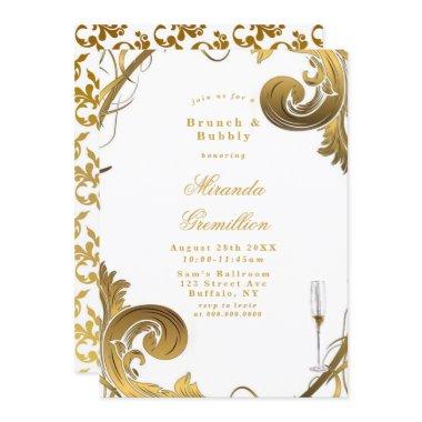 Simple White Gold Ornament Brunch & Bubbly Invite