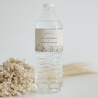 Simple Wildflower Fern Beige Wedding Water Bottle Label