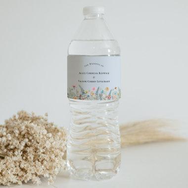 Simple Wildflower Fern Dusty Blue Wedding Water Bottle Label