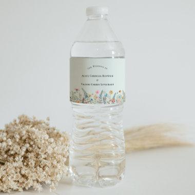 Simple Wildflower Fern Mint Green Wedding Water Bottle Label