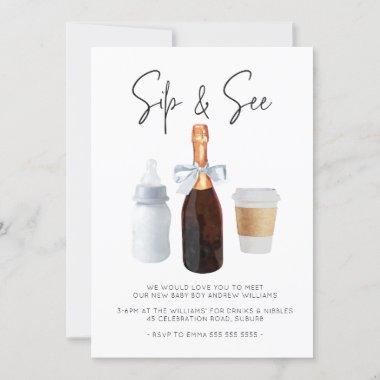 Sip & See Elegant Watercolor Blue Coffee Champagne Invitations