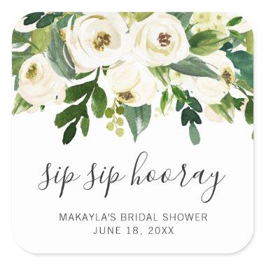 Sip Sip Hooray Elegant White Floral Bridal Shower Square Sticker