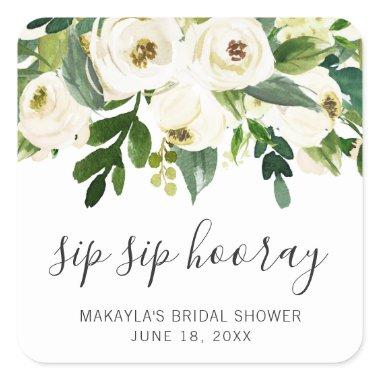 Sip Sip Hooray Elegant White Floral Bridal Shower Square Sticker