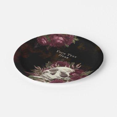 Skull and Roses Burgundy Black Grunge Personalized Paper Plates