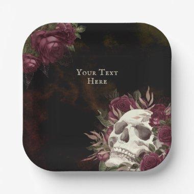 Skull and Roses Burgundy Black Grunge Personalized Paper Plates