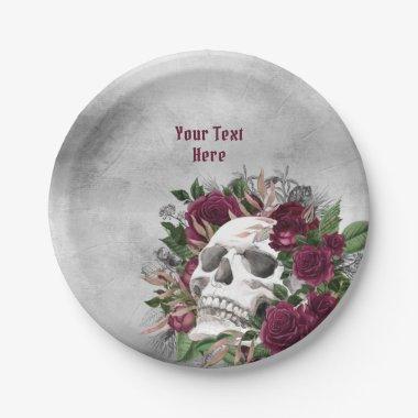 Skull and Roses Burgundy Maroon Gray Personalized Paper Plates