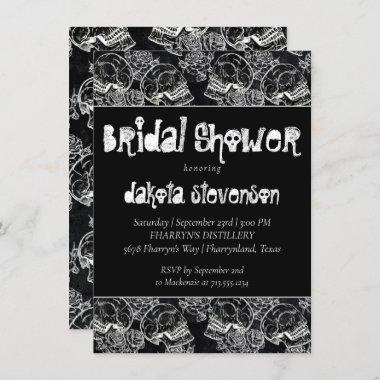 Skull Rose Chalk | Funky Black White Bridal Shower Invitations