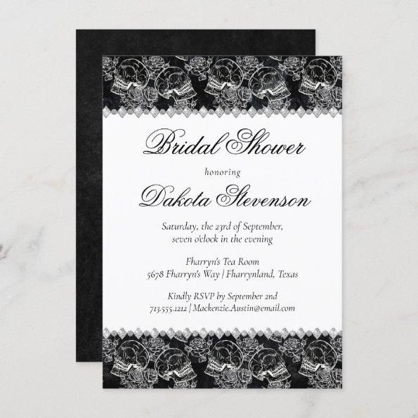 Skull Rose Chalk | Funky Black White Bridal Shower Invitations