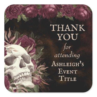 Skull Roses Burgundy Black Grunge THANK YOU Square Sticker