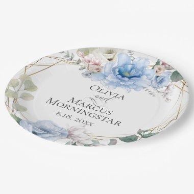 Sky Blue Magnolia and Peony Summer Wedding Paper Plates