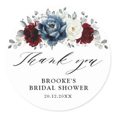 Slate Blue Burgundy White Bridal Shower Thank you Classic Round Sticker