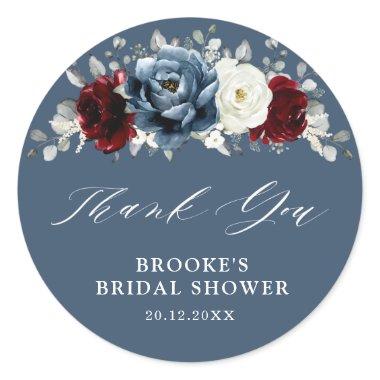 Slate Blue Burgundy White Bridal Shower Thank you Classic Round Sticker