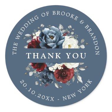 Slate Blue Burgundy White Ivory Floral Thank you C Classic Round Sticker