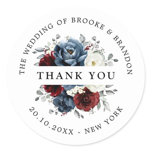 Slate Blue Burgundy White Ivory Floral Thank you Classic Round Sticker