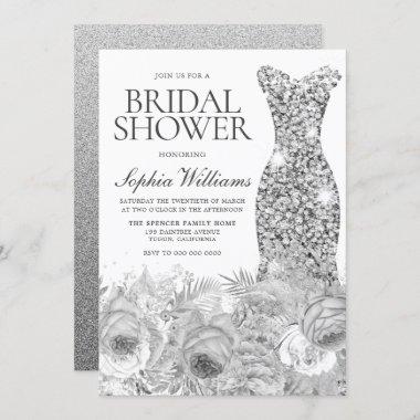 Sliver Gray Sparkle Dress & Floral Bridal Shower Invitations