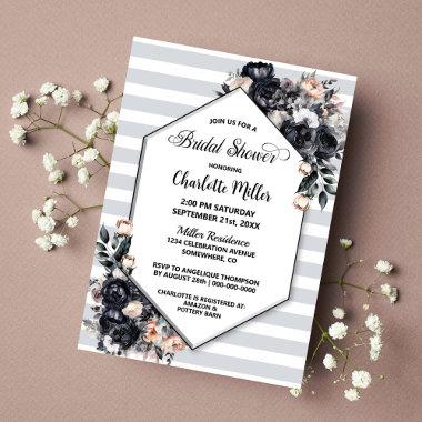 Smoky Black Floral Striped Geometric Bridal Shower Invitations