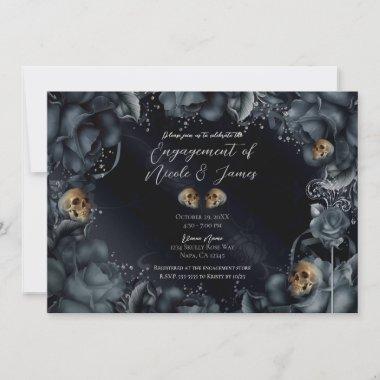 Smoky Grey Blue Roses & Skulls Engagement Party Invitations