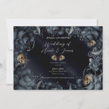 Smoky Grey Blue Roses Skulls Gothic Wedding  Invitations