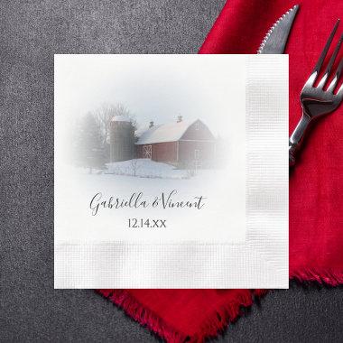 Snow Covered Barn and Silo Winter Country Wedding Napkins