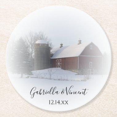 Snow Covered Barn Winter Country Wedding Round Paper Coaster