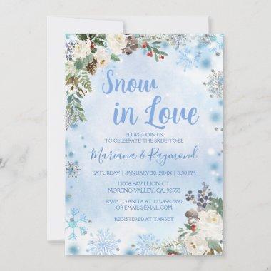 Snow in Love Snowflake Winter Blue Couples Shower Invitations