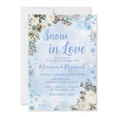 Snow in Love Snowflake Winter Blue Couples Shower Invitations