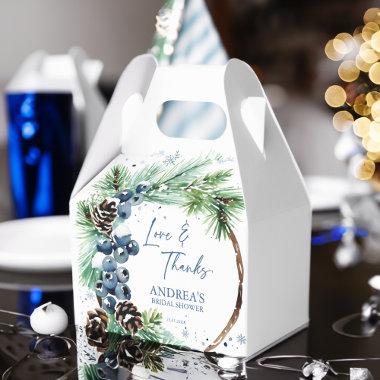 Snow in love winter bridal shower pines wreath favor boxes