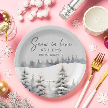 Snow in love winter pine forest bridal shower paper plates