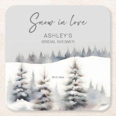 Snow in love winter pine forest bridal shower square paper coaster