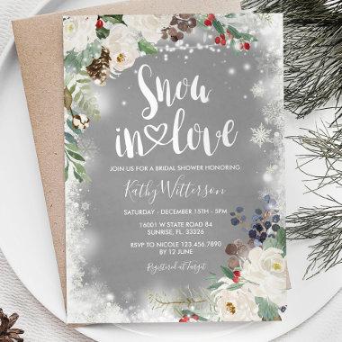 Snow in love Winter White Floral Bridal Shower Invitations