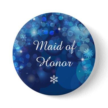 Snowflake Blue Bokeh Winter Bridal Party Button