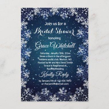 Snowflake on midnight blue Christmas Bridal Shower Invitations