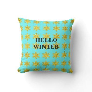 Snowflake Patterns Winter Typography Blue Golden Outdoor Pillow