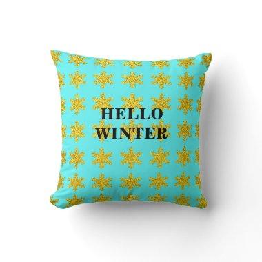 Snowflake Patterns Winter Typography Blue Golden Throw Pillow