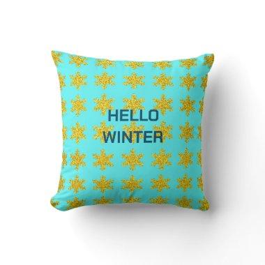 Snowflake Patterns Winter Typography Gold Blue Throw Pillow