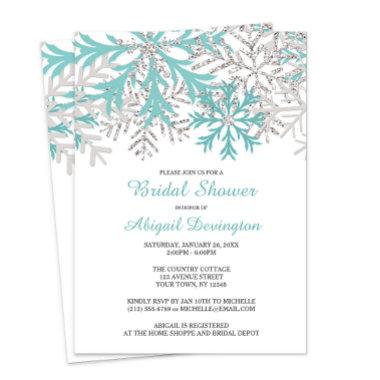 Snowflake Teal Blue Silver Winter Bridal Shower Invitations