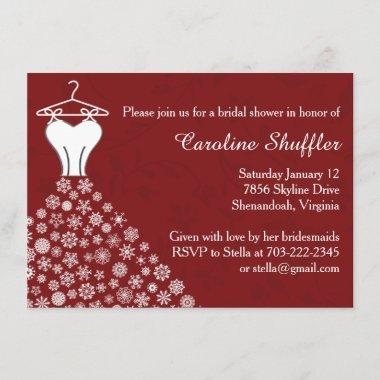 Snowflakes Festive Red Wedding Dress Bridal Shower Invitations