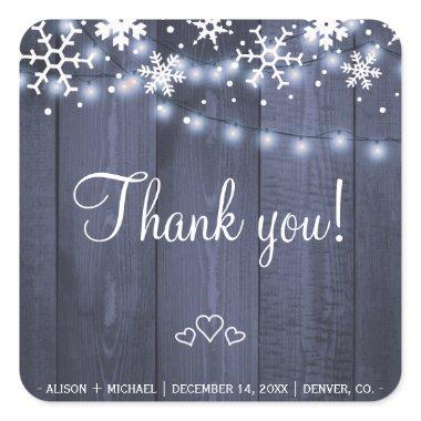 Snowflakes string lights rustic barn wood wedding square sticker