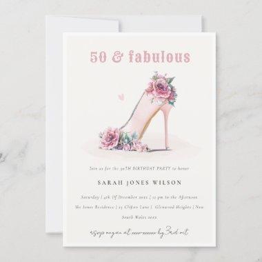 Soft 50 Fabulous Blush High Heels Floral Birthday Invitations