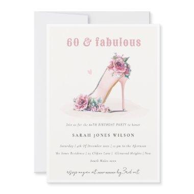 Soft 60 Fabulous Blush High Heels Floral Birthday Invitations