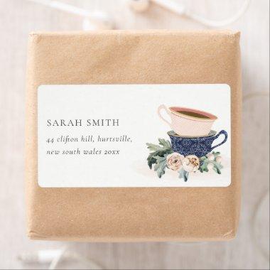 Soft Blush Blue Stacked Tea Cups Floral Address La Label