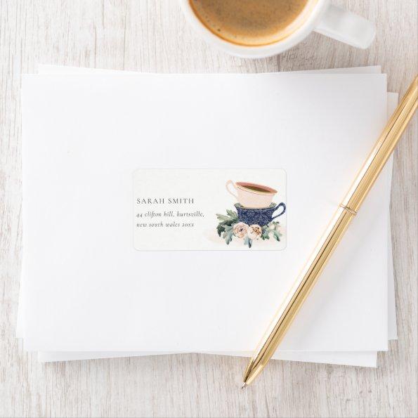 Soft Blush Blue Stacked Tea Cups Floral Address Label