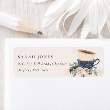 Soft Blush Blue Stacked Tea Cups Floral Address Label
