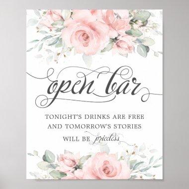 Soft Blush Floral Greenery Wedding Open Bar Drinks Poster